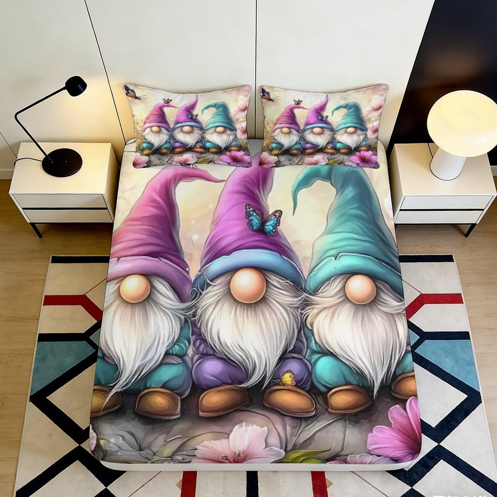 Pnayamiorkfel Style-1 3D Printed Cartoon Gnome Fitted Sheet Microfiber Soft Colorful Floral Bed Cover For Bedroom Dorm Mattress Decor 90X200x25cm