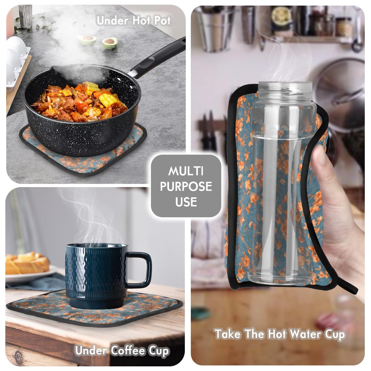 Set Cucina: 1 Guanto E 2 Presine In Cotone Con Stampa Fiori - Resistenti Al Calore Per Forno E Barbecue - Foto 6