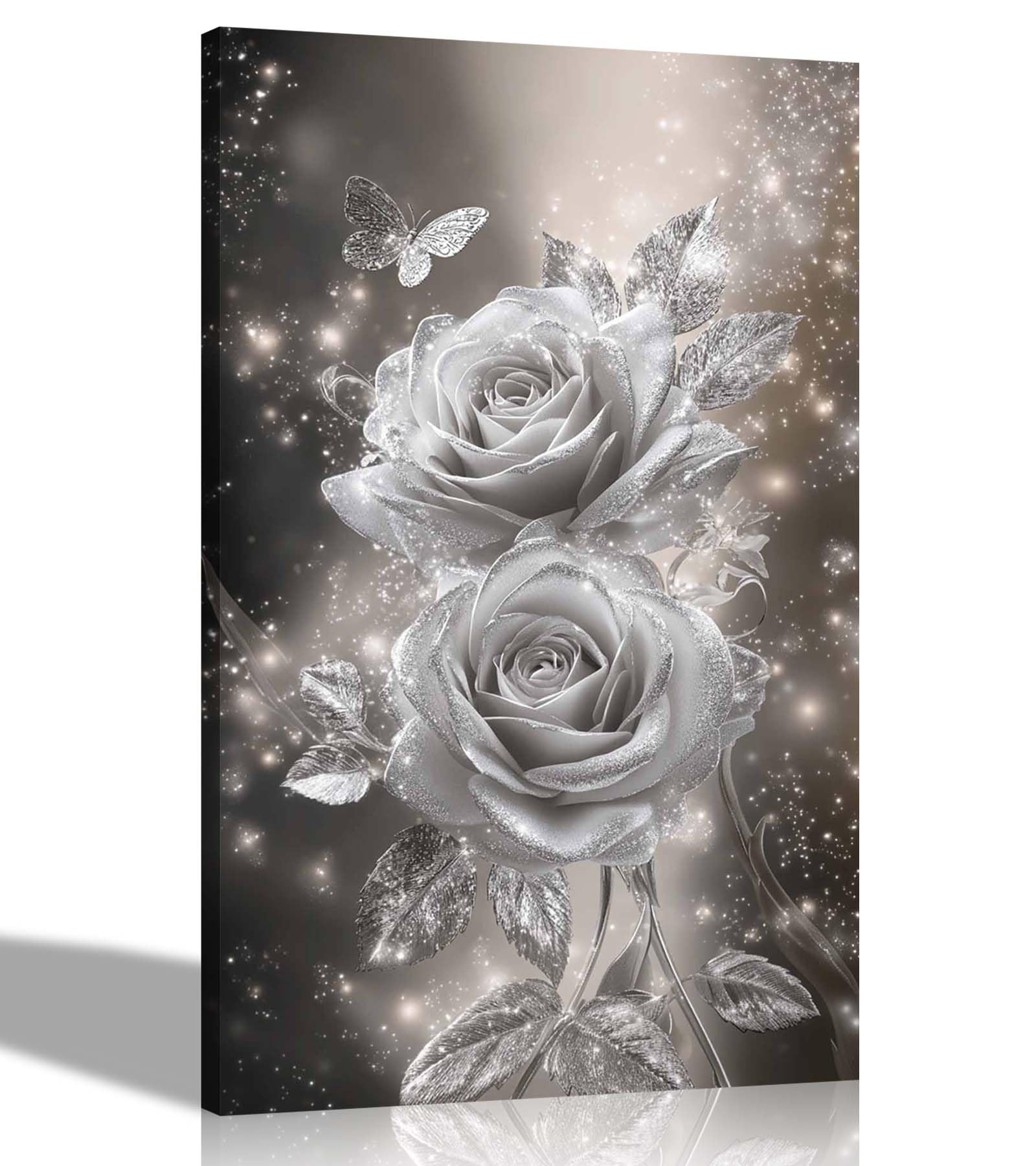 Artley Prints Silver Celestial Roses - Canvas Prints For Living Room, Bedroom, Botanical Wall Art Hanging Decoration 76 X 50Cm (30 X 20 Inches)