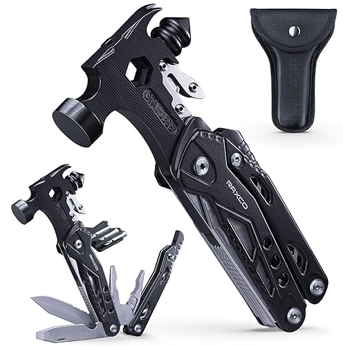 RAXCO Hammer Multitool 17 en 1 Mini martillo para acampar con clip de bolsillo y guantes resistentes a cortes, regalo multiherramienta para el día