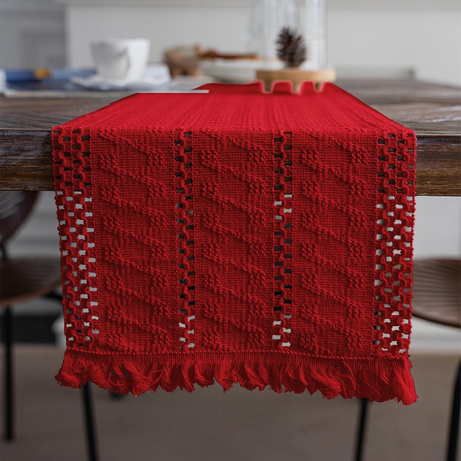 Tischläufer Modern Polybaumwolle, Tischläufer Landhausstil 33x350 cm, Uni Rote Häkel mit Quasten