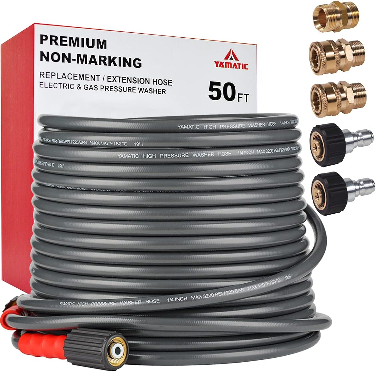 YAMATIC Heavy Duty 3200 PSI Pressure Washer Hose 50 FT X 1/4", M22 to 3/8" Quick Connect Coupler for Replacement/Extension (Wear Resistant Upgrade 3X) : Patio, Lawn & Garden