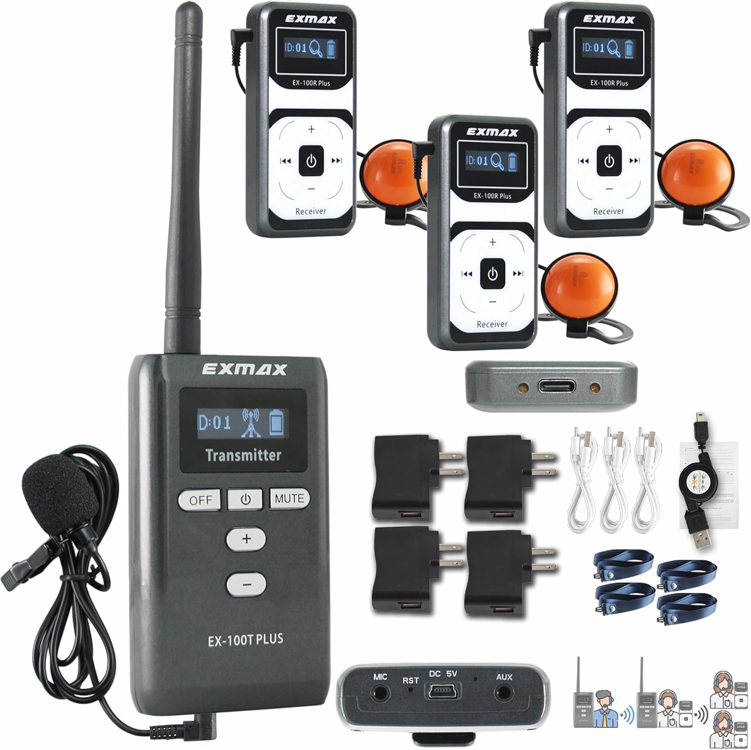 EXMAX EX-100 Plus 72MHz Wireless Tour Guide System Church Translator Headsets Voice Transmission Lavalier Microphone Simultaneous Church Translation Interpreter Equipment(1 Transmitter & 3 Receivers)