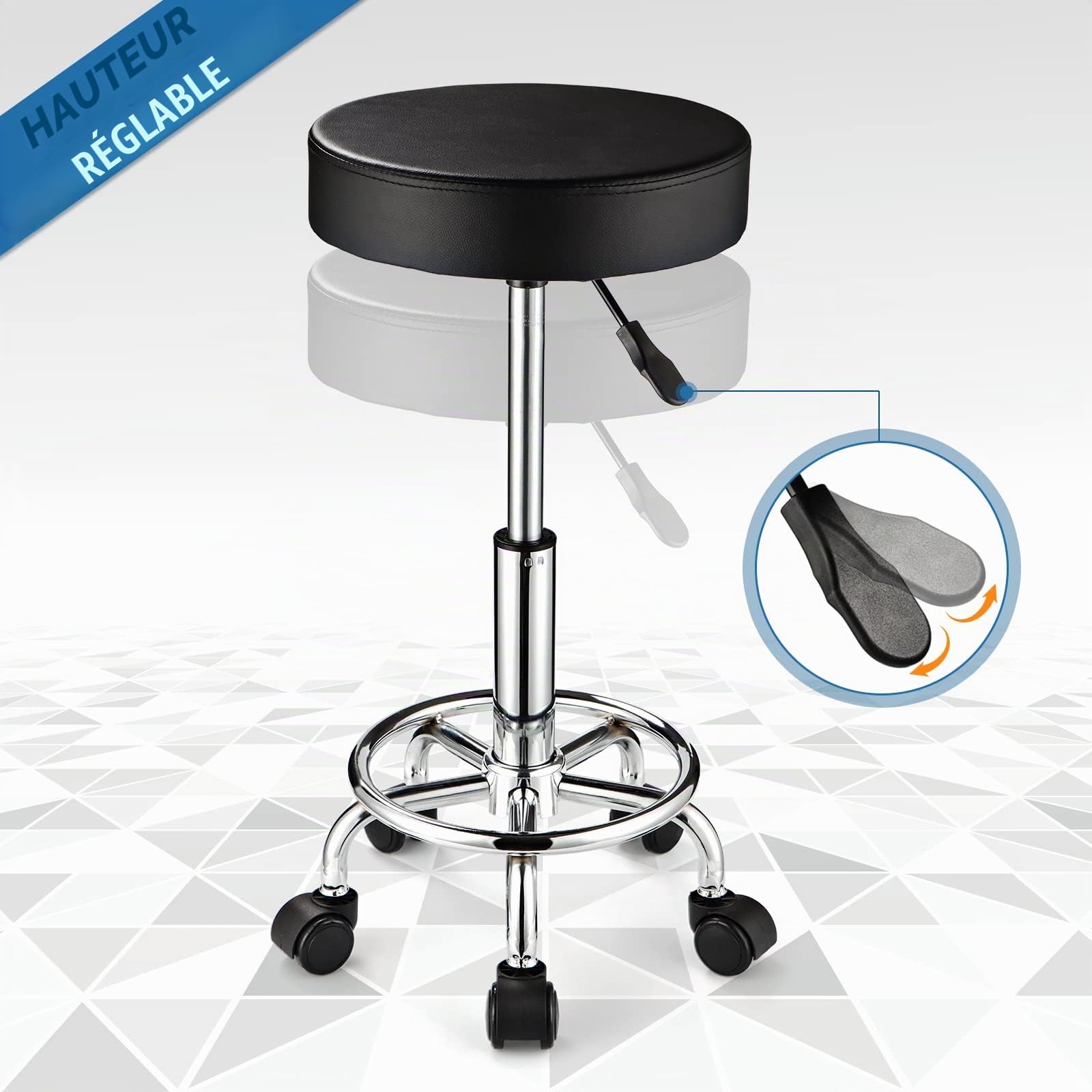 Tabouret réglable à roulettes Rond pour Spa, Salon, Massage, Bureau (Noir)