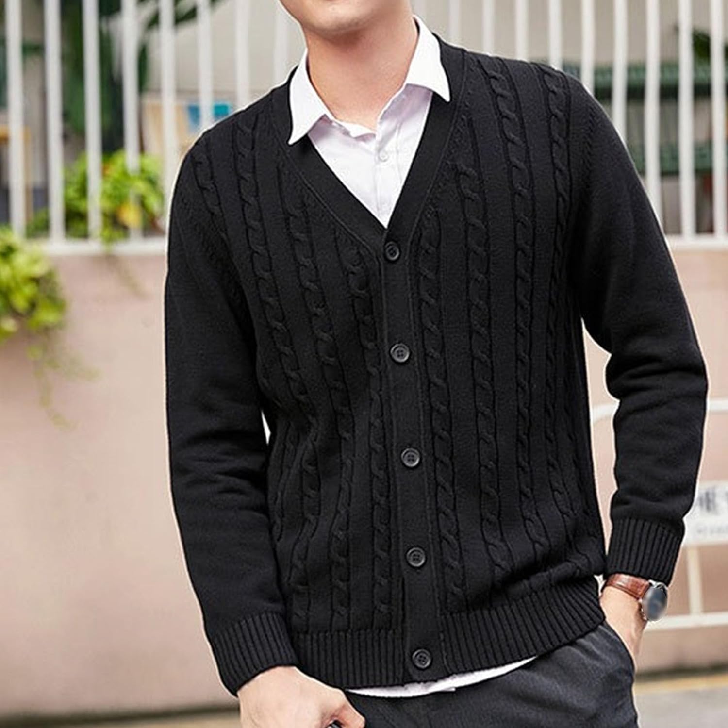 Solid Button V-Neck Long Sleeve Sweater for Men Casual Knitted Ribbed Cardigan Sweater Fall Winter Tops