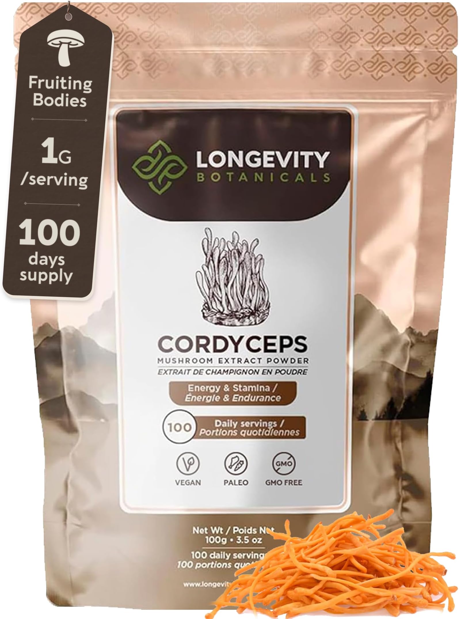 Cordyceps Mushroom Powder Supplement 100g | Pure Fruiting Body 10:1 High Strength Extract | 30% Beta-D Glucans | 10 000mg Raw Equivalent Per Serving | No Fillers | Energy Endurance & Lung Support