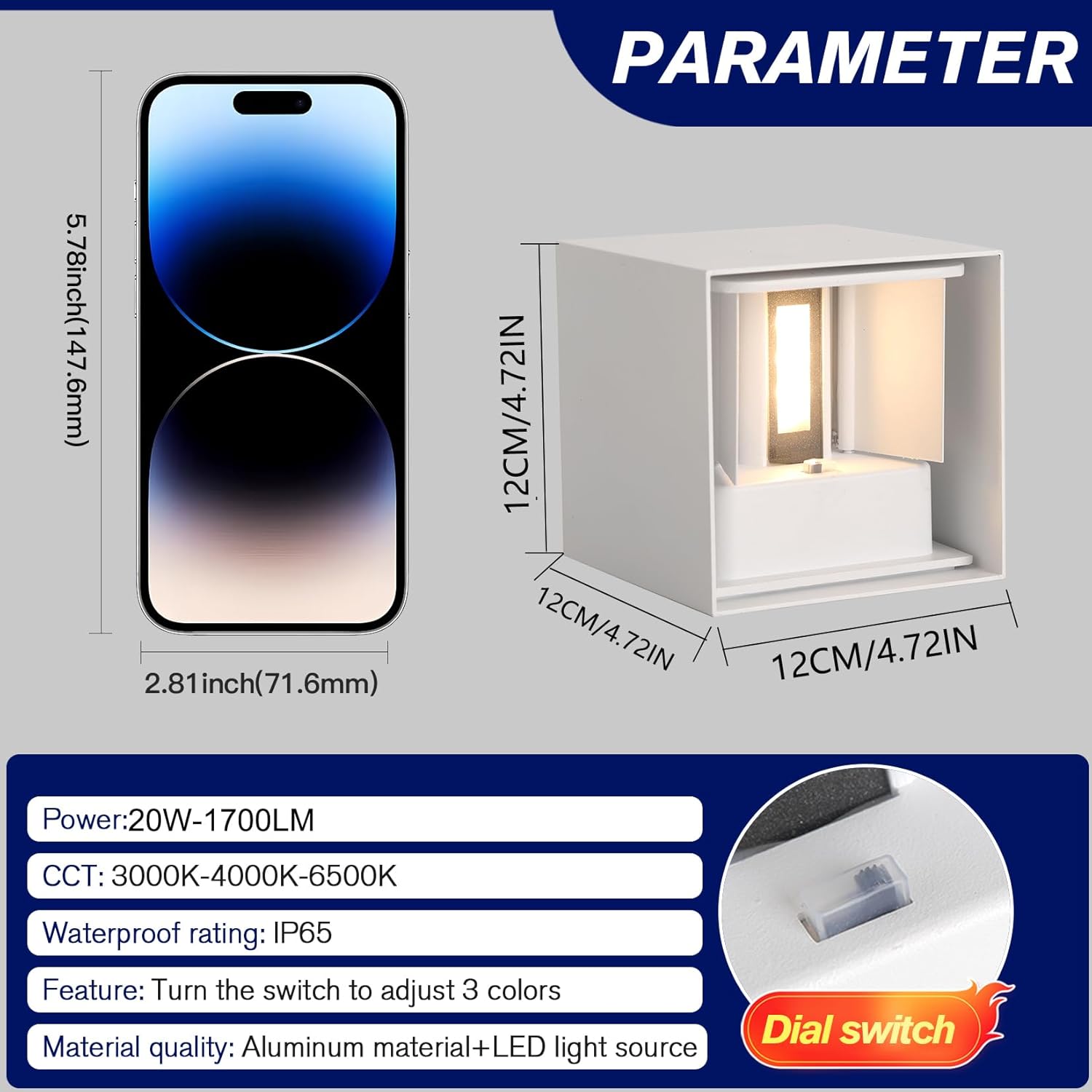 Up and Down Lights Outdoor Wall Lights Porch Lights, Square Aluminum Exterior Lighting Fixtures IP65 Waterproof Sconce Lights 3 Colors 3000K/4000K/6000K for Garden Shop Yard Patio Park 20W White