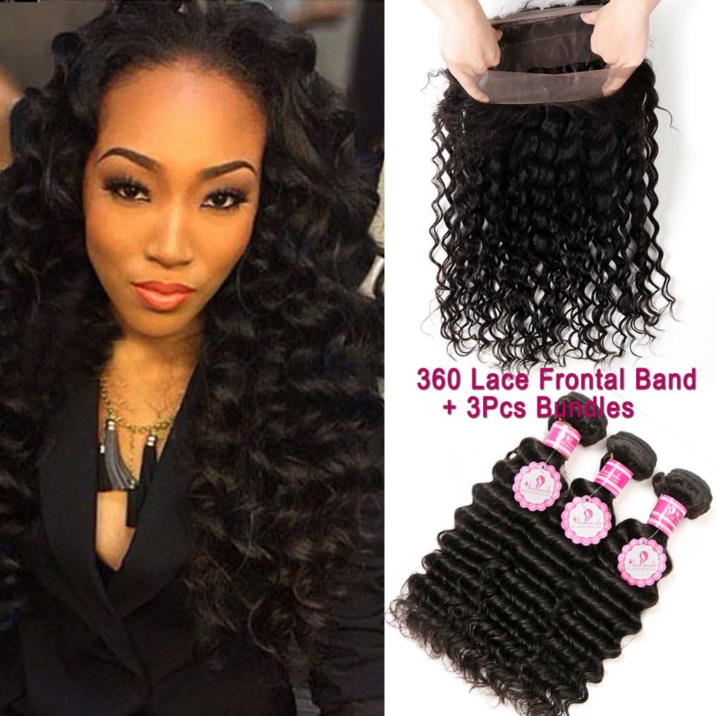 ANNMODE Pre Plucked 360 Lace Frontal With 3 Bundles Deep Wave 360 Lace Frontal With Baby Hair 9A Grade Unprocessed Deep Curly Brazilian Human Hair Natural Color 16 18 20+14inch