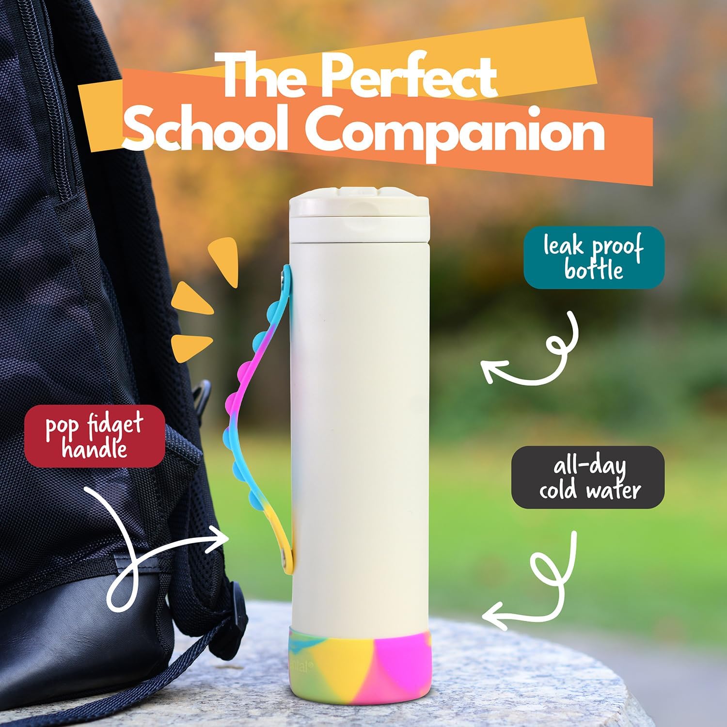 Elemental Iconic Kids Water Bottle for School - 100% Leak-Proof Insulated Water Bottles with Straw Lid & Pop-It Handle for Boys & Girls - Triple-Wall Insulated & BPA-Free, 20oz – White Tie Dye - Image 2