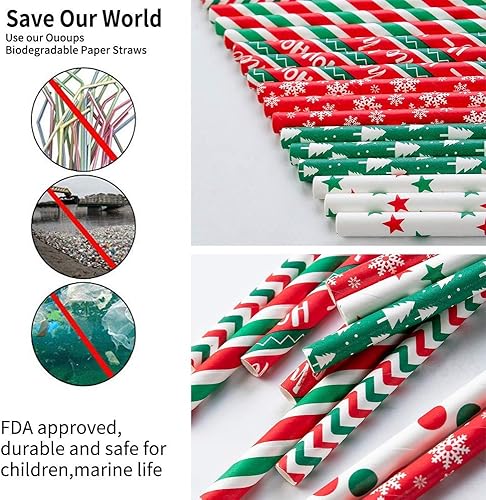 Miniatura 2 de Pajitas de papel de Navidad, paquete de 100 popotes biodegradables, 7.75 pulgadas, pajitas de papel a rayas, rojo, verde, puntos, a granel, nieve,