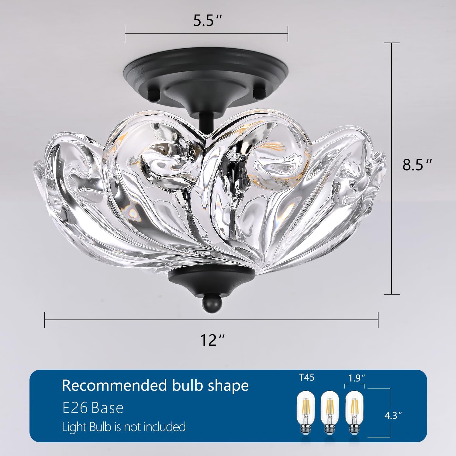 HuixuTe Modern Semi Flush Mount Ceiling Light, 3-Light Black Close to Ceiling Light Fixture with Clear Glass Shade for Living Room Entryway Bedroom