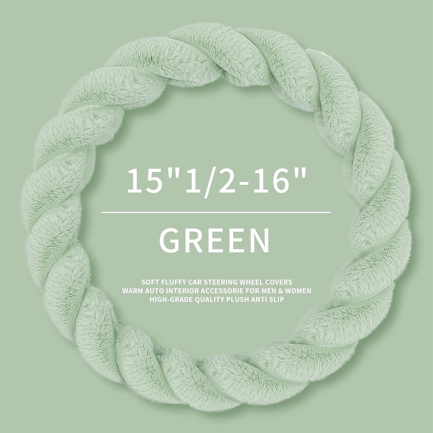 HighnessHwoo Luxury Fluffy Winter Car Steering Wheel Cover for Women Soft Warm Cute Auto Accessories for Jeep, Truck, Van, F150, Universal, Fuzzy, Anti Slip, Green, Large Size, 15.2-16in