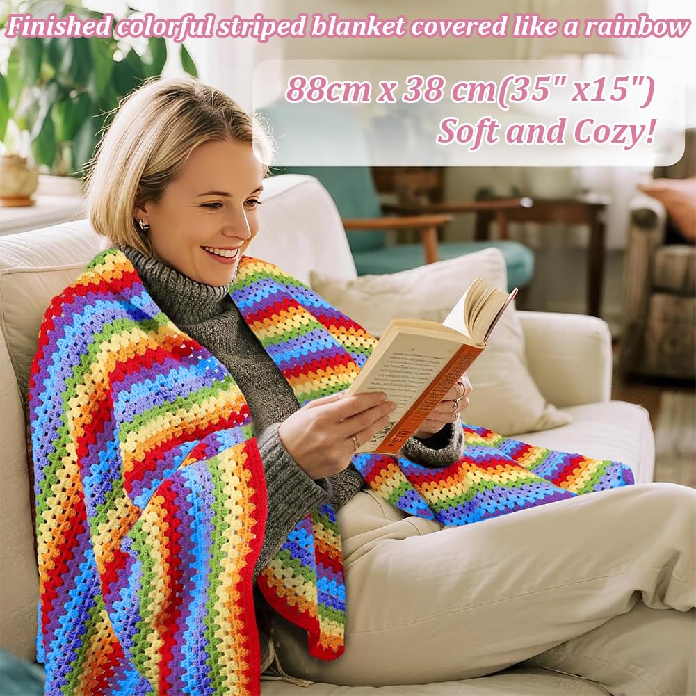WEBEEDY Regenbogen Häkeldecke Set Mit Videoanleitung Für Erwachsene Anfänger Lernset Zum Häkeln Einer Decke Mit Weichem Garn Und Häkelnadel Für Einfache Strickgeschenke 88x38cm