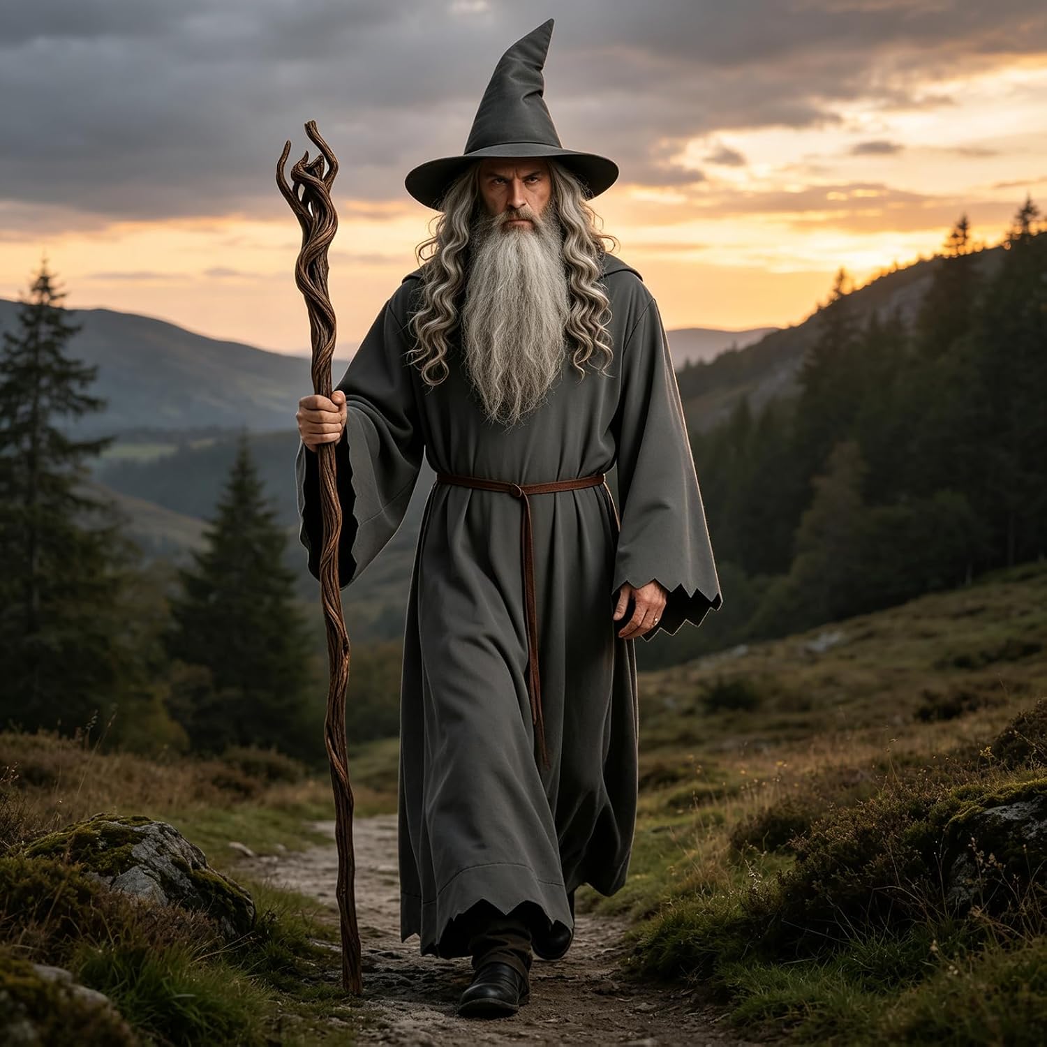 ALIZIWAY Grey Wizard Costume for Men with Adult Robe Hat Belt Wig Beard Set