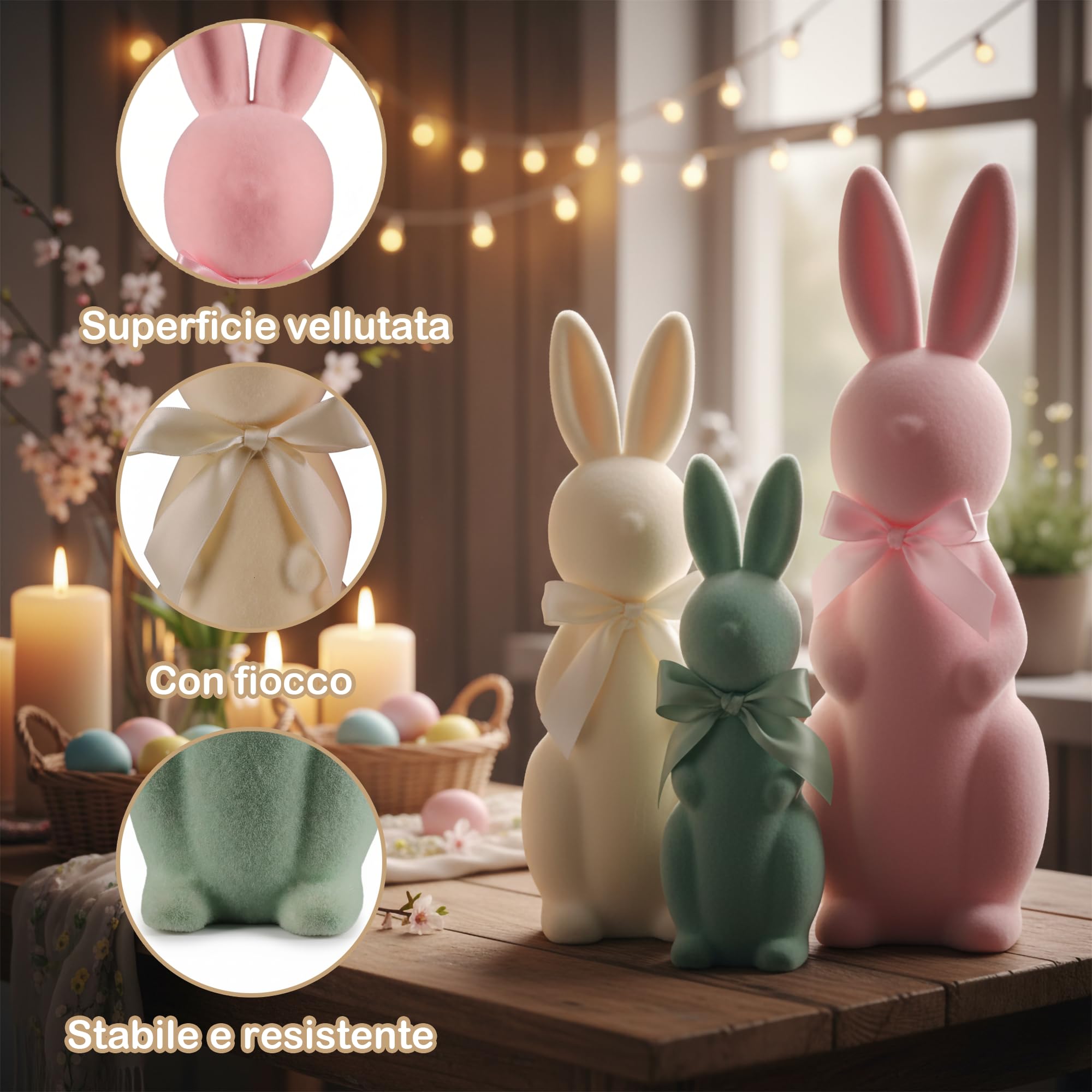 Lanpn Set di 3 Conigli Pasquali Floccati con Papillon, Statuette Pastello per Decorazioni da Tavolo, Mensole e Casa, Decorazioni Primaverili (Rosa Beige Verde)