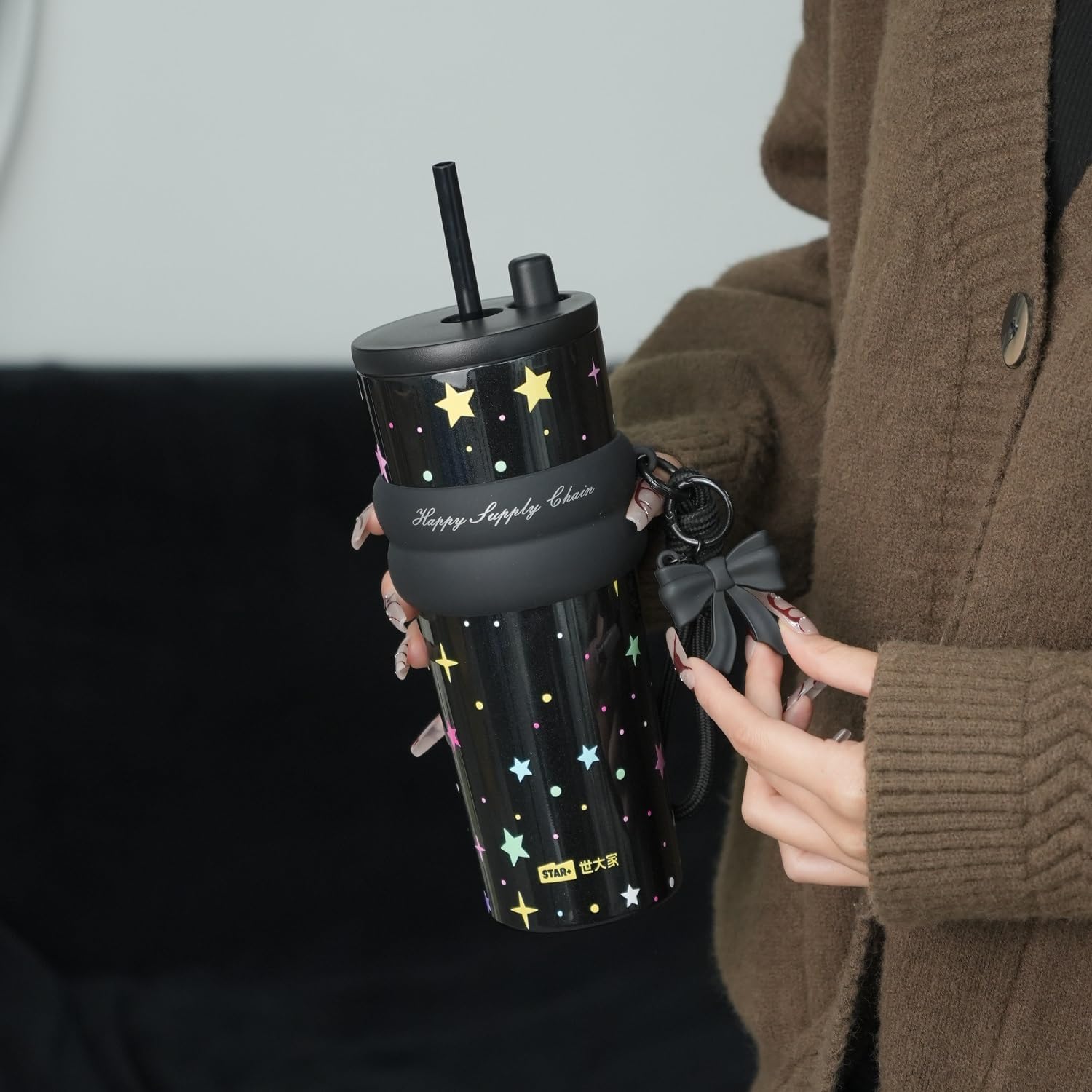 24 oz Stainless Steel Tumbler with Lid and Straw, Insulated Water Bottle Leak Proof for Hot and Cold, Portable Travel Coffee Mug, Reusable Coffee Cup for Women, Black Star - Image 4