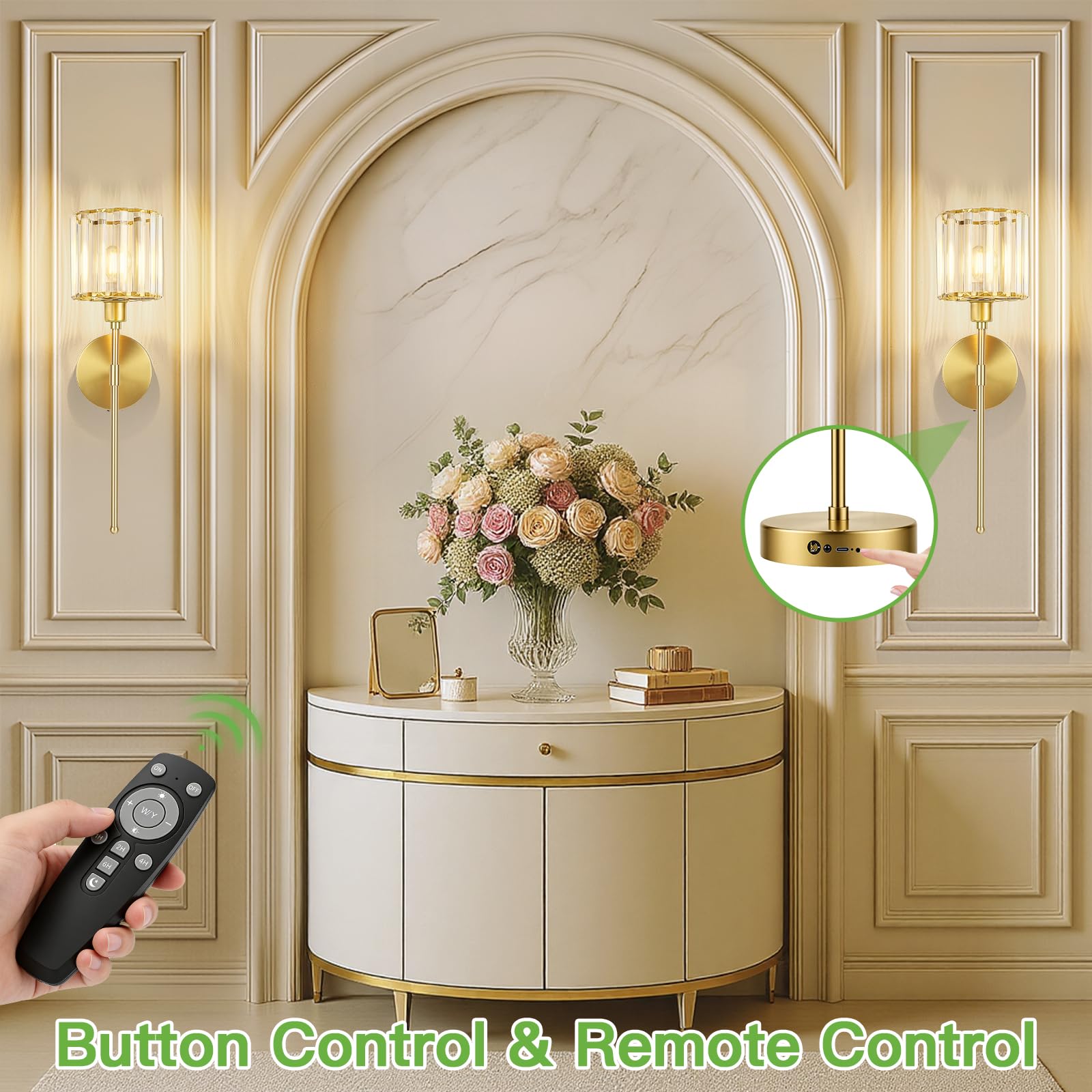 Kimjo LED Wandleuchte Innen Akku, Vintage Gold Kristall Wandlampe Innen Dimmbar, Kabellose Wandleuchte Ohne Stromanschluss, USB-C Aufladbare Wandleuchte für Wohnzimmer Schlafzimmer Flur, 2 Stück