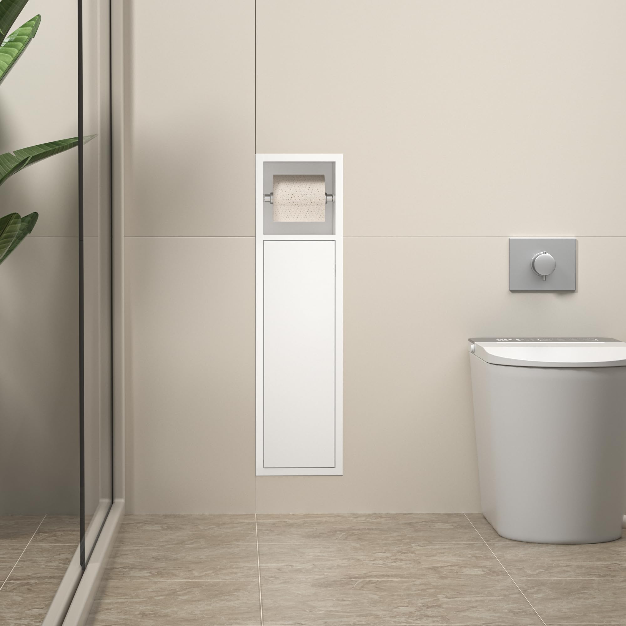 Unterputz-Schrankmodul Edelstahl für die Klobürstengarnitur, Badezimmerschrank mit Toilettenpapierhalter,Mit Schiebetür, 63x15x15 cm, Weiß