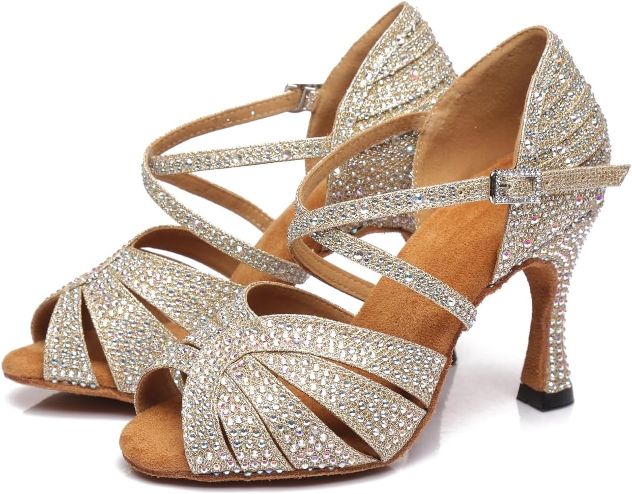 Hanfike Womens Glitter Ballroom Dancing Heels Shoes with Rhinestones Bridal Wedding Sandals L422 Gold 3.5" Heel US 6