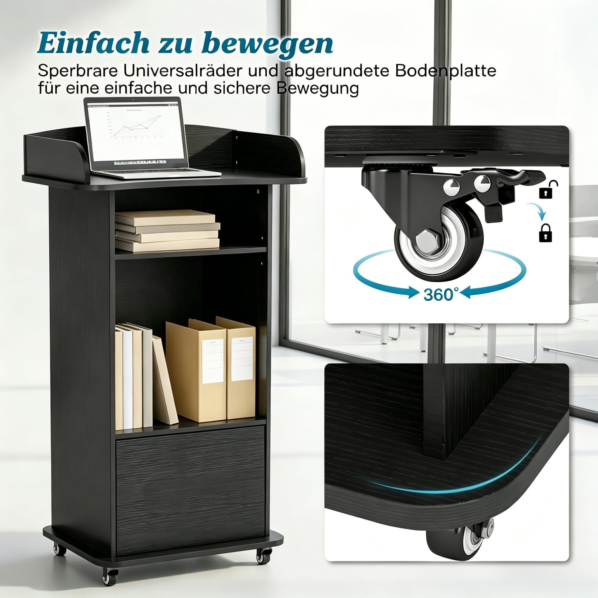 Holz-Rednerpult, Stehpult mit Rollen, mit Laptoptisch Funktion und 3 Ablageflächen, Ideales Rednerpult für Kirchen, Vorträge, Schulen und Seminare (Schwarz)