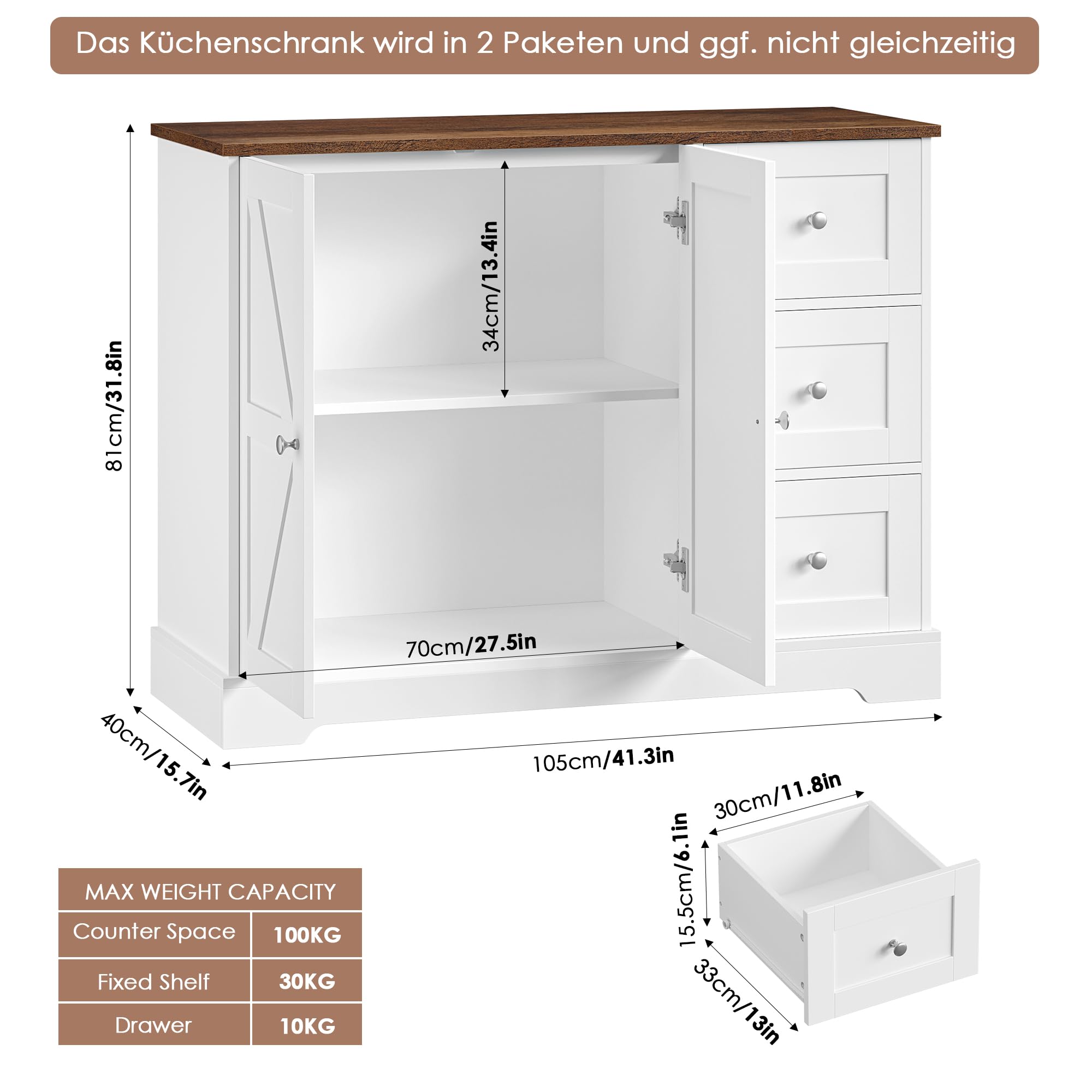 HOCSOK Credenza Cucina, Mobiletto con 3 cassetti e Ripiani, Multiuso Mobile Cucina Salvaspazio, Armadio di Stoccaggio Legno per Cucina, Soggiorno, Sala da Pranzo, Bianco e Marrone, 40x105x81cm | Armadio buffet con piani di lavoro per cucina, sala da pranz