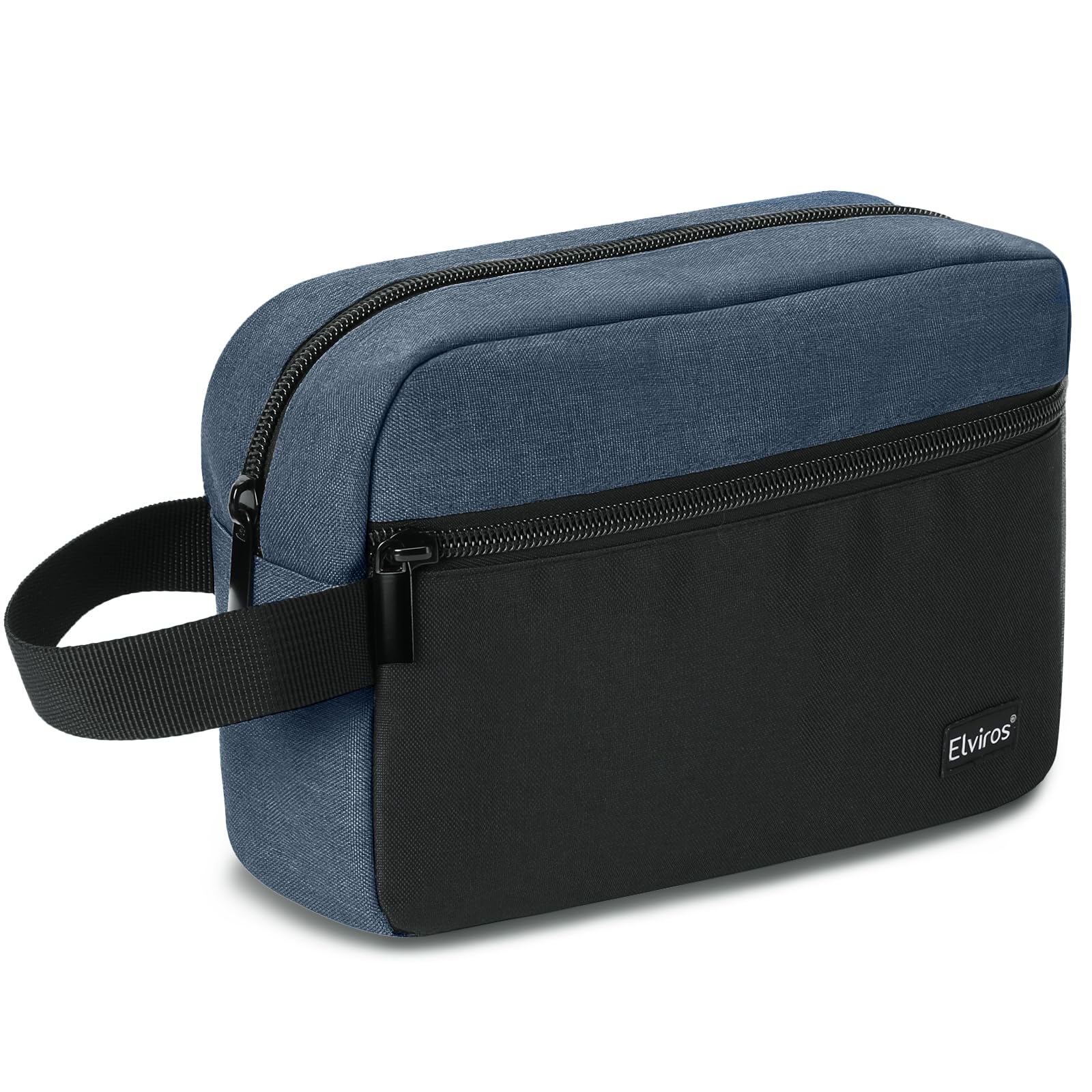 Elviros Travel Kulturtasche für Herren, wasserdichte tragbare Kulturtasche mit Rasierfach und Griff, Kosmetik-Organizer für Fitnessstudio, Dusche, Badezimmer, Geschenke für Männer, Schwarz&Dunkelblau