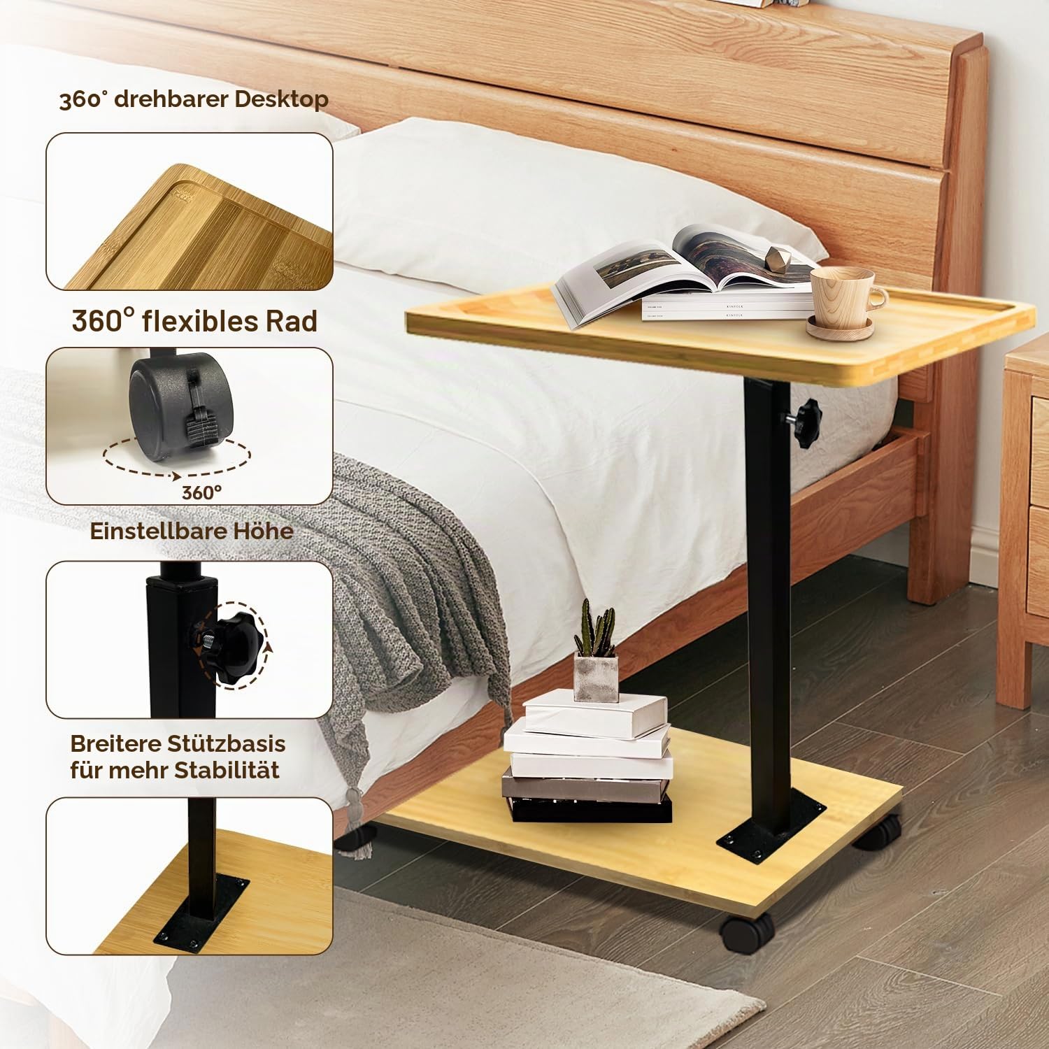 Beistelltisch C Form Bambus Metall Modern Höhenverstellbar mit Rollen, Tisch Klein Side Table Kaffeetisch Betttisch Sofatisch Couchtisch Nachttisch Pflegetisch für Wohnzimmer