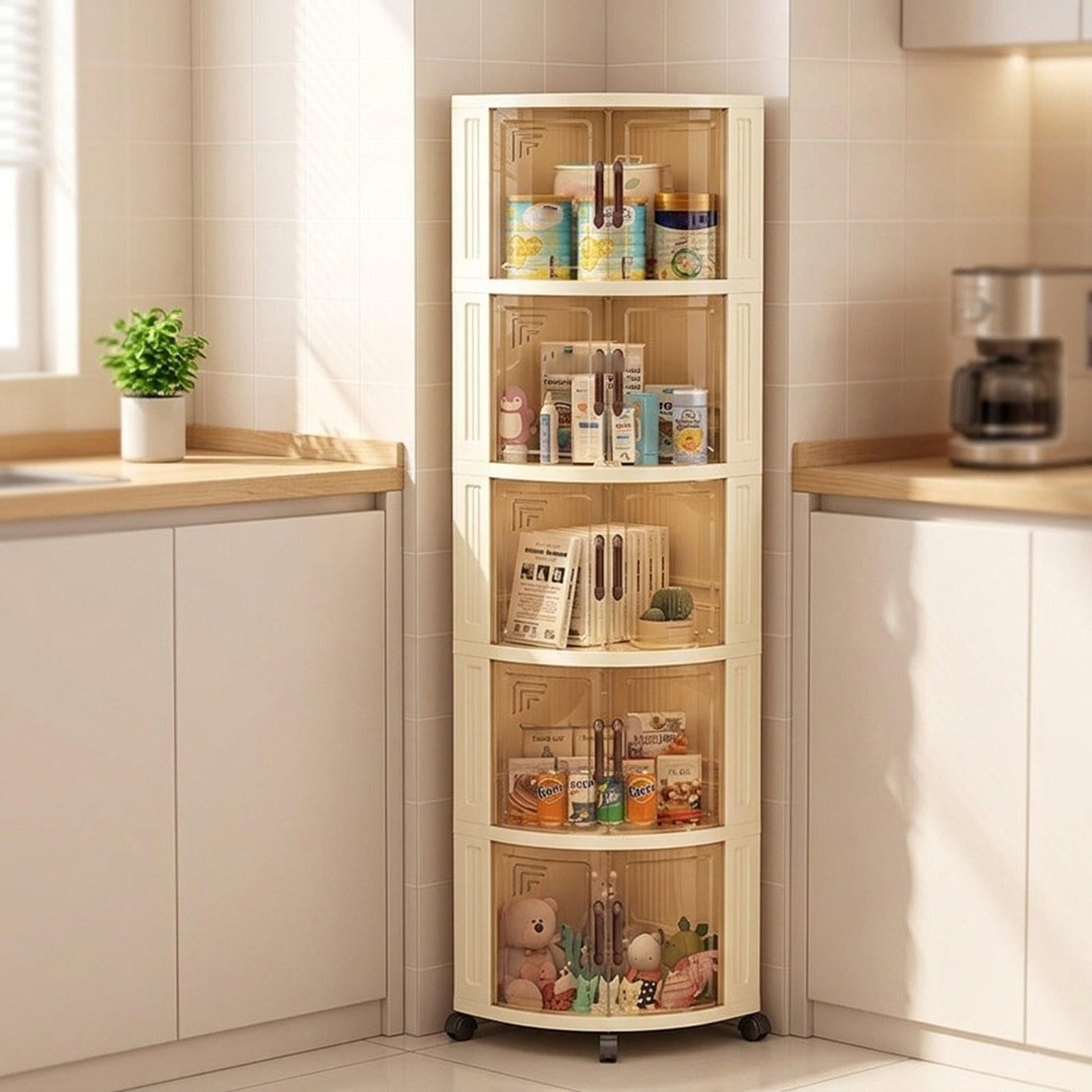Carrello Portaoggetti Trasparente con Ruote, Organizer Triangolare in Materiale PP, Armadietto con Ante, Design Salvaspazio, 5 Livelli