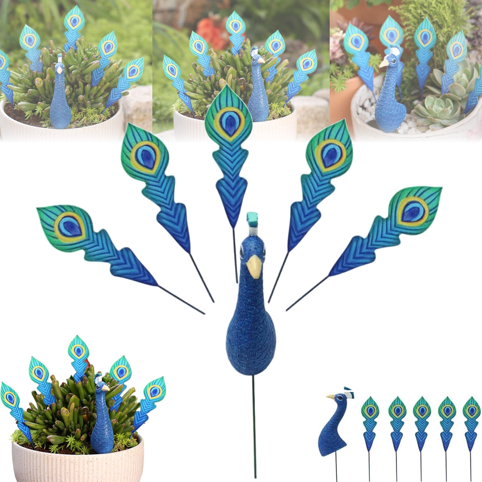 Leipsychic 6pc Peacock Garden Stake Set, Metal Peacock Yard Art Decor with Detachable Tail Feathers & Resin Body, Weather Resistant Decorative Plant Pot Stakes for Flower Pots, Patio, Lawn & Planters