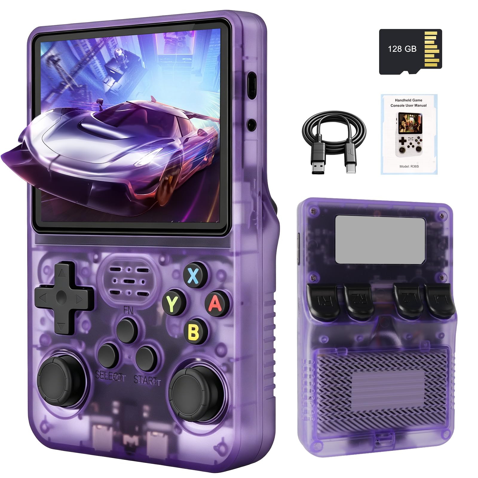 R36S Retro Handheld Video Game Console, 128GB Retro Gaming Console, 3.5 Inch HD Screen, 40000+ Classic Games, Open Source Linux System, 3500mAh Battery, Portable Game Console for Present (Purple)