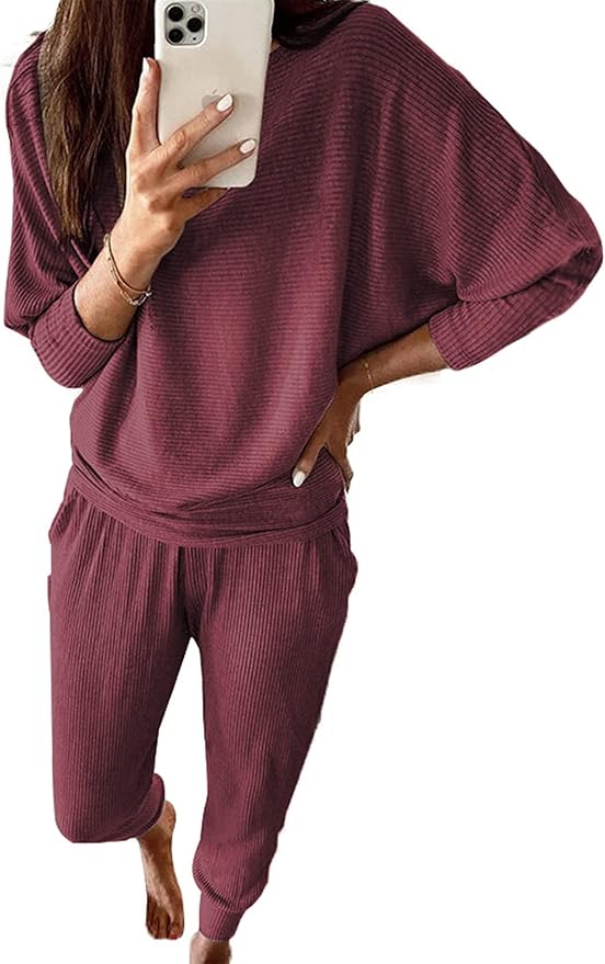 PRETTYGARDEN Women's Fall 2 Piece Lounge Set Long Sleeve Tops Ribbed Pants Spring Matching Sweatsuit Travel Outfits Clothes