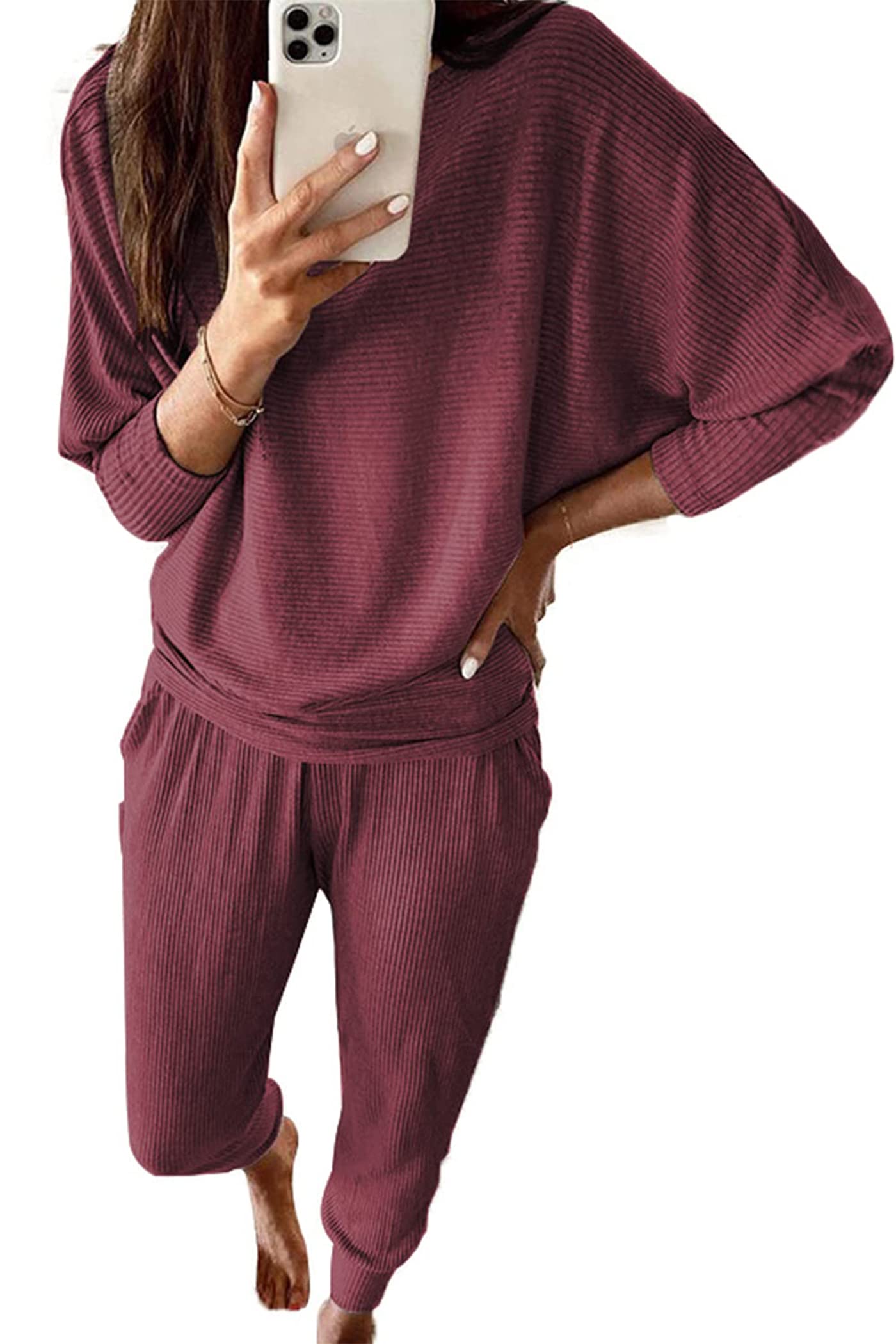 PRETTYGARDEN Women's Fall 2 Piece Lounge Set Long Sleeve Tops Ribbed Pants Spring Matching Sweatsuit Travel Outfits Clothes