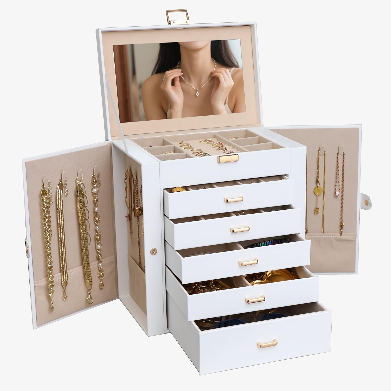 BOOVO Jewelry Box For women 6 Layer Large Jewelry Organizer With Mirror Multi-Function Storage Box With Lock Necklace