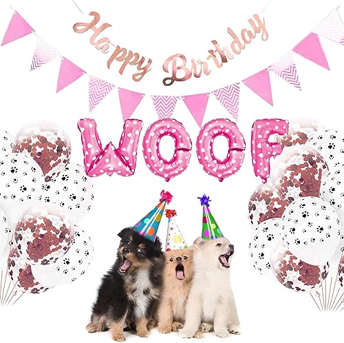 Miniatura 4 de Suministros de fiesta de cumpleaños para perros, decoraciones de globos de letras WOOF con estampado de patas de perro, pancarta de feliz cumpleaños
