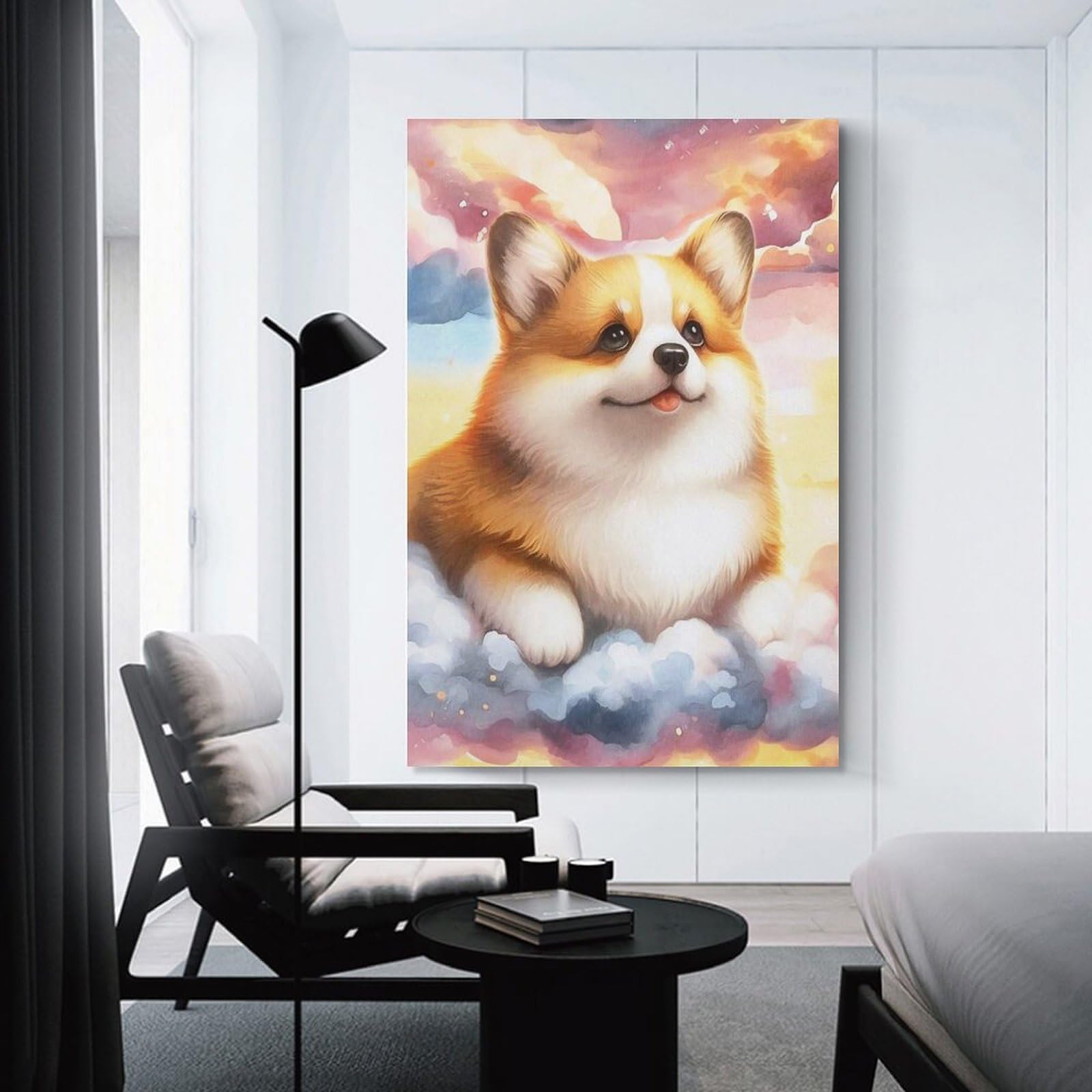 Junmoney Canvas Wall Decor Corgi in The Clouds, 24x36inch(60x90cm), for Living Room, Bedroom, Office Or Hallway, Decorative Artwork with Broad Appeal