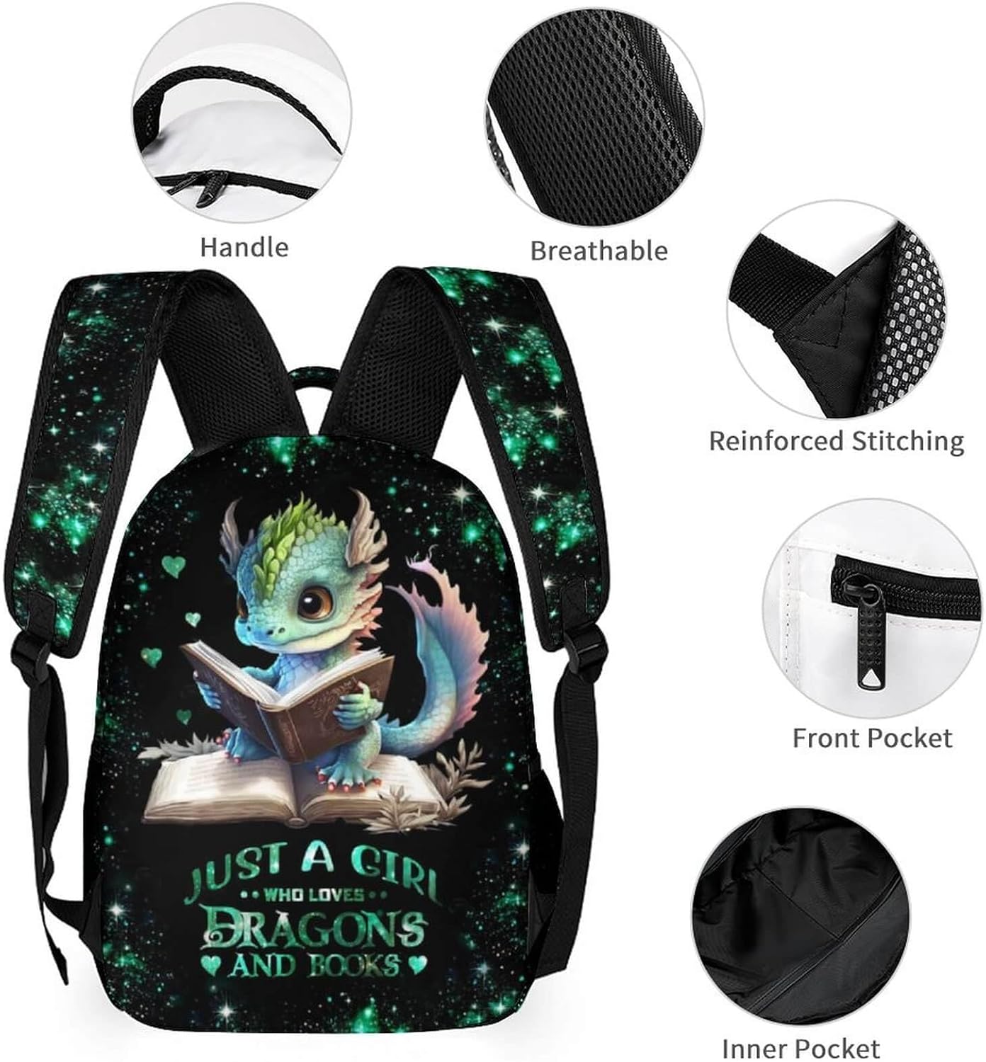 Custom Dragon Backpack for Kids Girls Boys School, 16 Inches Cute Dragon Theme Bookbag, Adjustable, Lightweight, Large Capacity - Image 5
