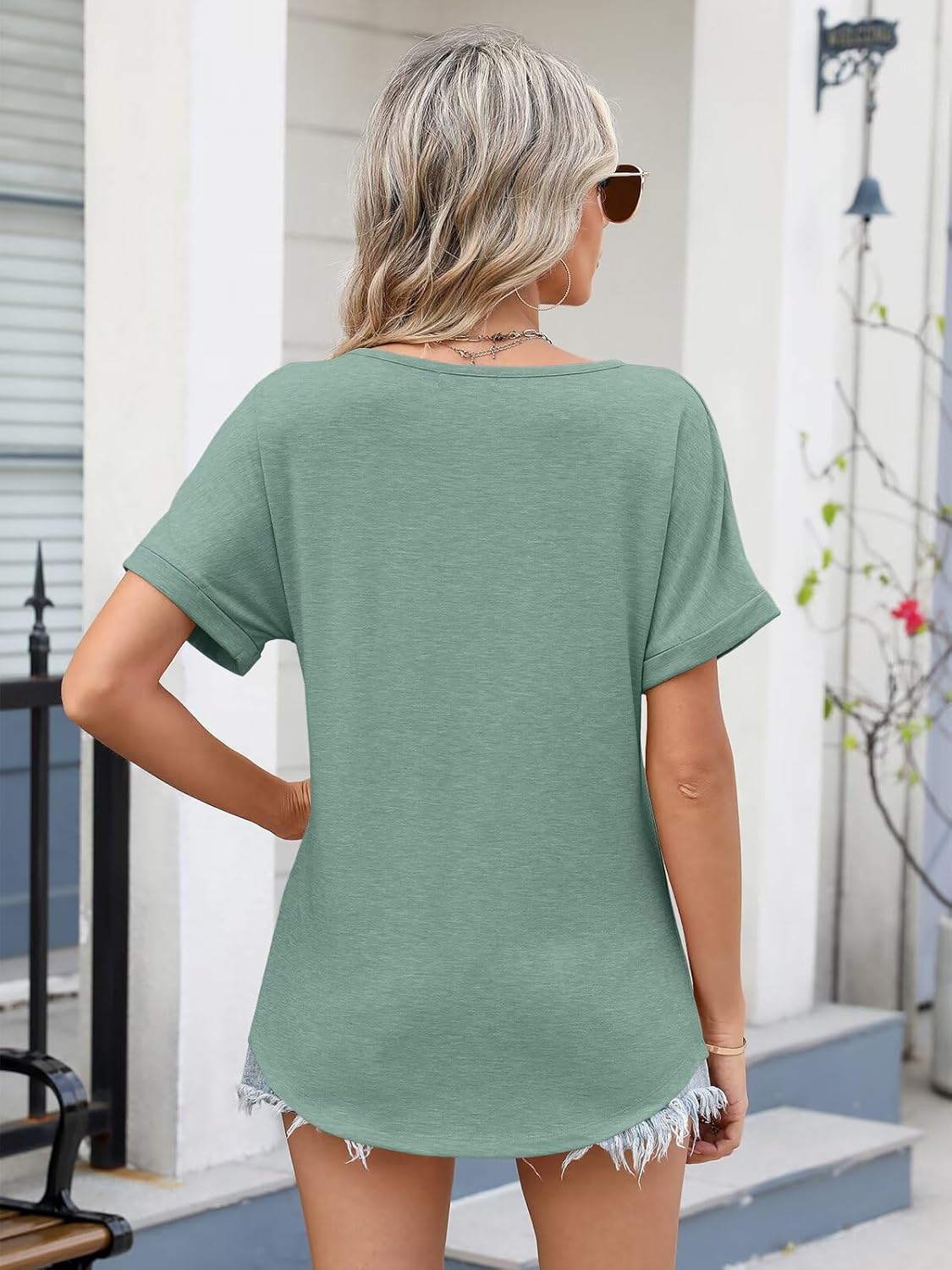 EADINVE Womens V Neck Rolled Sleeve T Shirts Curved Hem Short Sleeve Tops Summer Trendy Tees Loose Fit Tunic Shirts 2026 - Image 6
