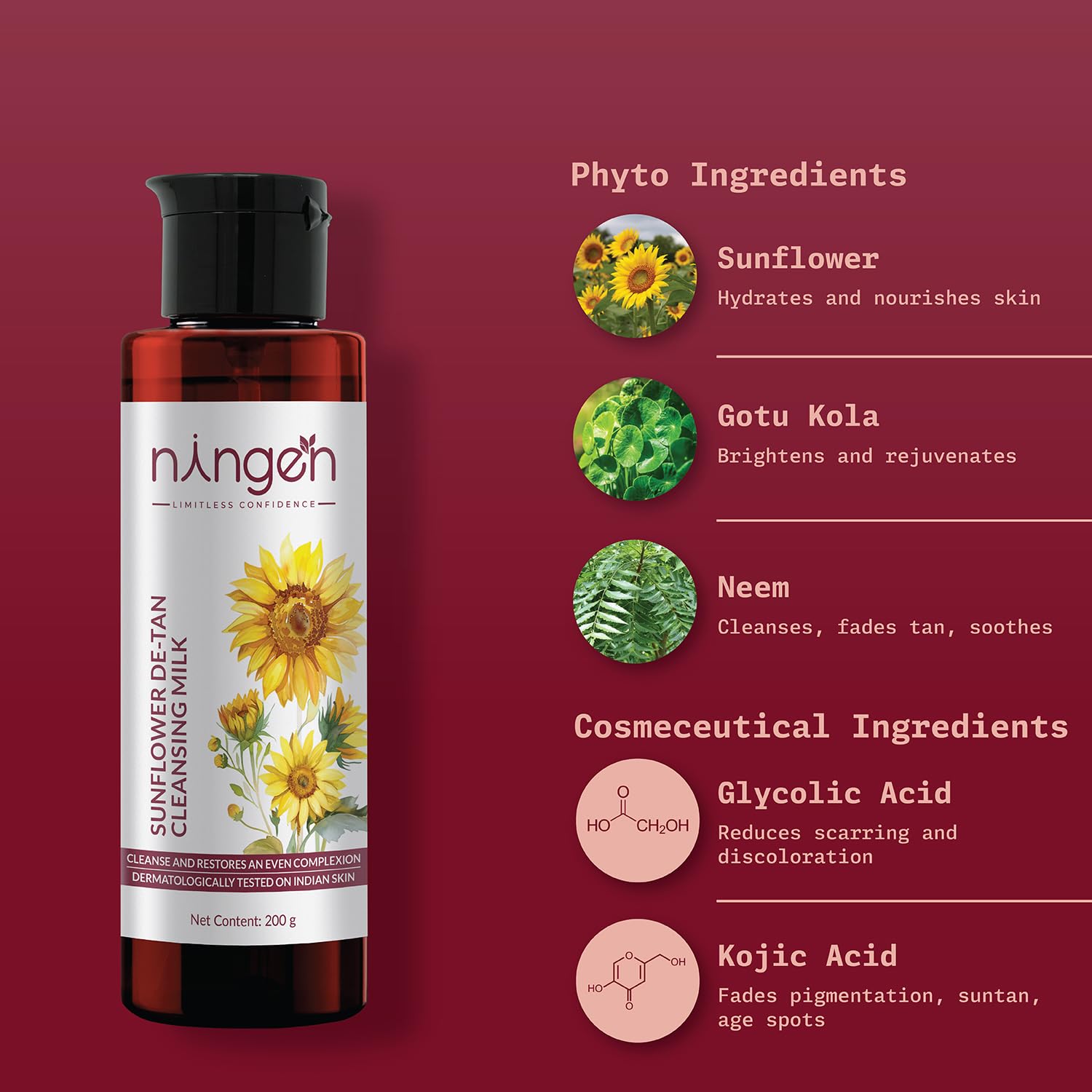 Ningen Sunflower De-tan Cleansing Milk I Enriched with Gotokula, Neem I Dermatologically Tested, Paraben Free I Use it for tan, Dirt, Grime and Make-up removal I 200g - Image 2 thumbnail