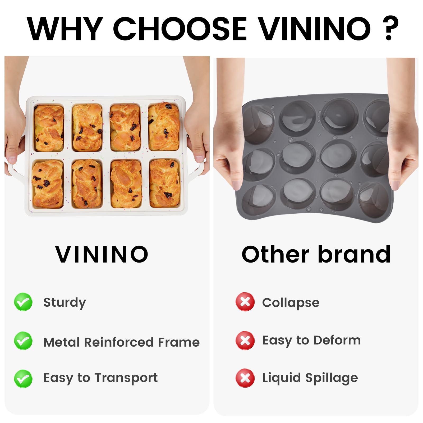 Vinino Lot de 2 mini moules à pain en silicone avec cadre renforcé en métal - Antiadhésifs - Pour la cuisson de 8 cavités - Passe au lave-vaisselle - Crème