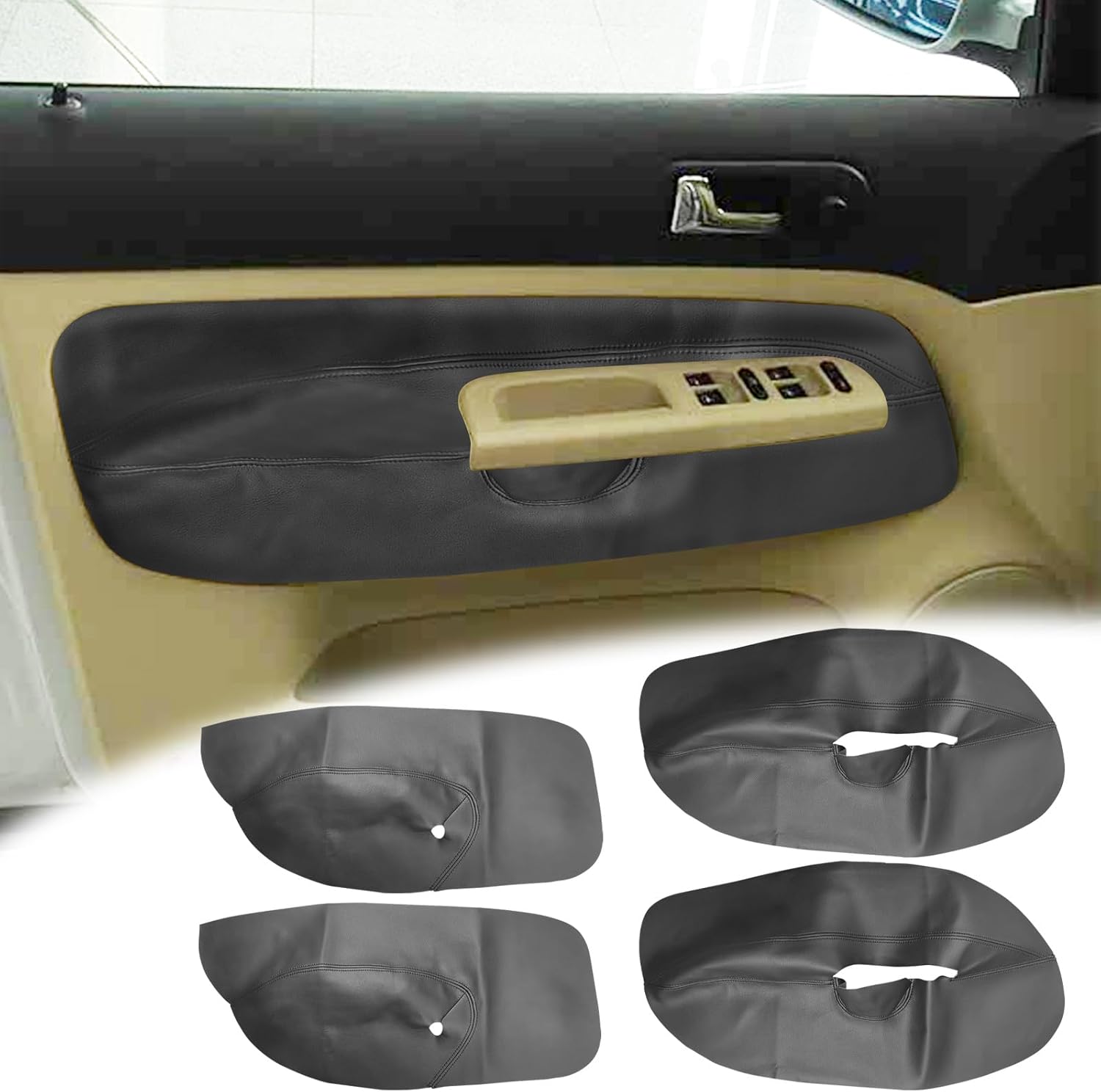 4PCS Door Panel Armrest Cover Compatible with Volkswagen Golf MK4 2002-2006 Front and Back Vinyl Leather Insert Cards Protector Trim Black (Only Leather Part)