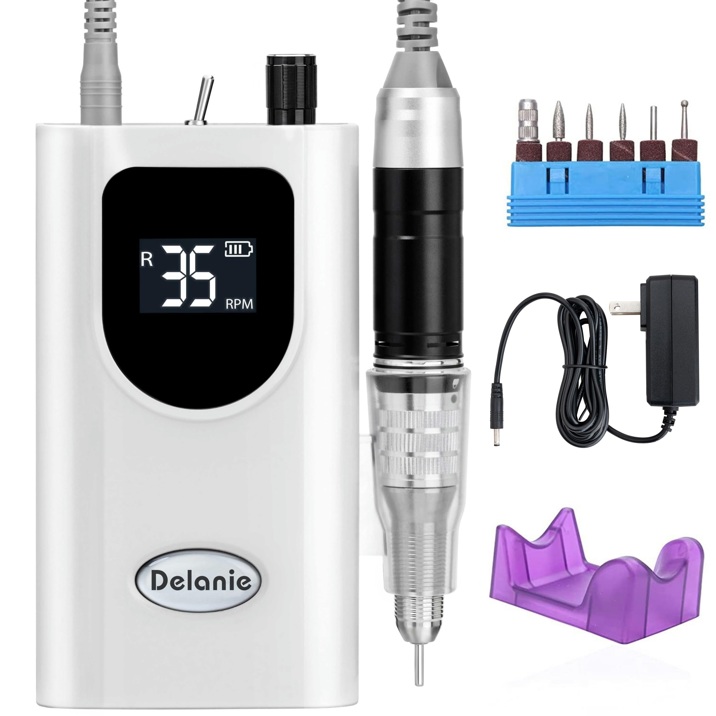 Professional Nail Drill High Torque 35000 RPM Rechargeable Portable Electric Nail File Filer for Acrylic Gel with Cuticle Bits, Salon Manicure Tool, White