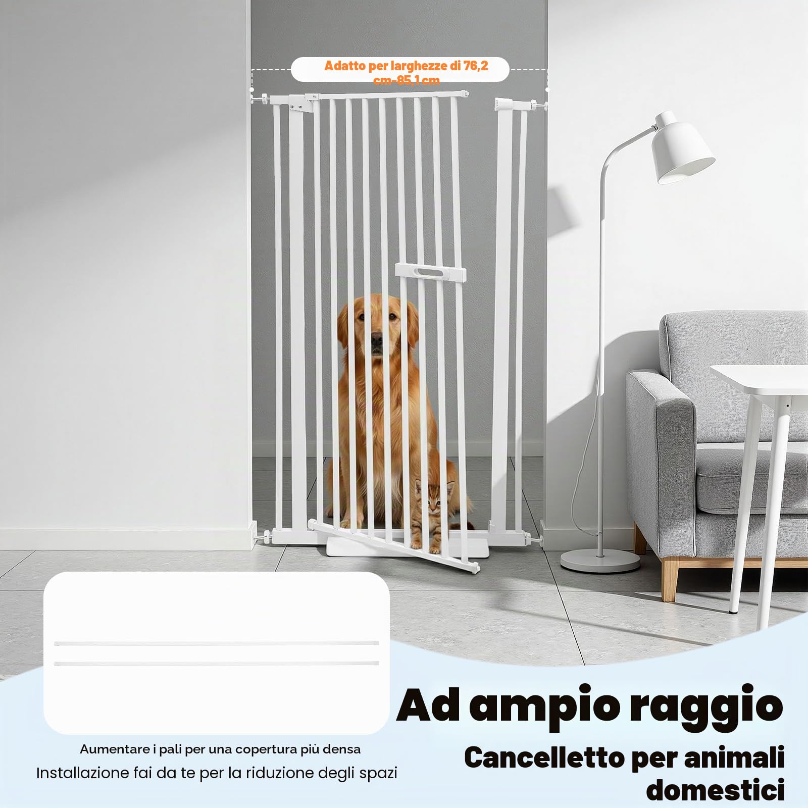 Griglia di protezione per porta, altezza 150 cm, senza foratura, griglia di sicurezza per cani e gattini, in metallo con chiusura automatica, per scale per bambini (bianco, 150 cm)