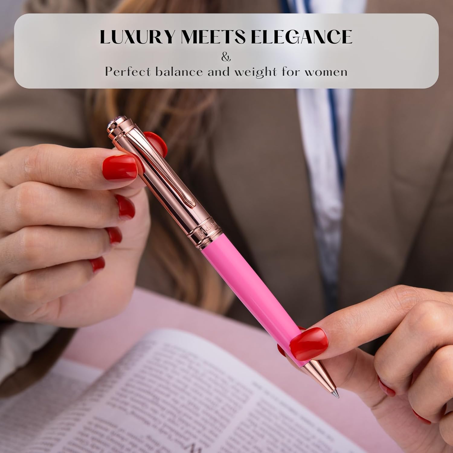 Luxury Gel Pen, Top Set With 8mm Brilliant Diamond,Vibrant Pink Pen Body,Attractive Rose Real Gold Finish, Black Refill,Elegant Gift Pen For Women, Executive, Fancy, Nice Pens - Image 4
