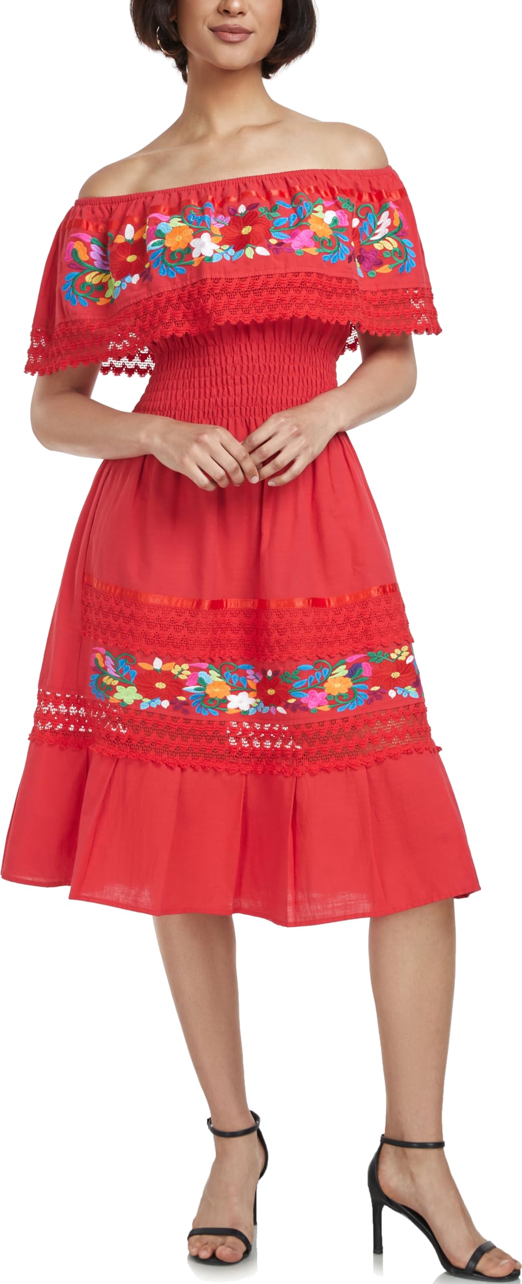 YZXDORWJ Mexican Dress for Women Embroidered Traditional Boho Theme Fiesta Floral Lace Off-Shoulder Ruffle Party Dress