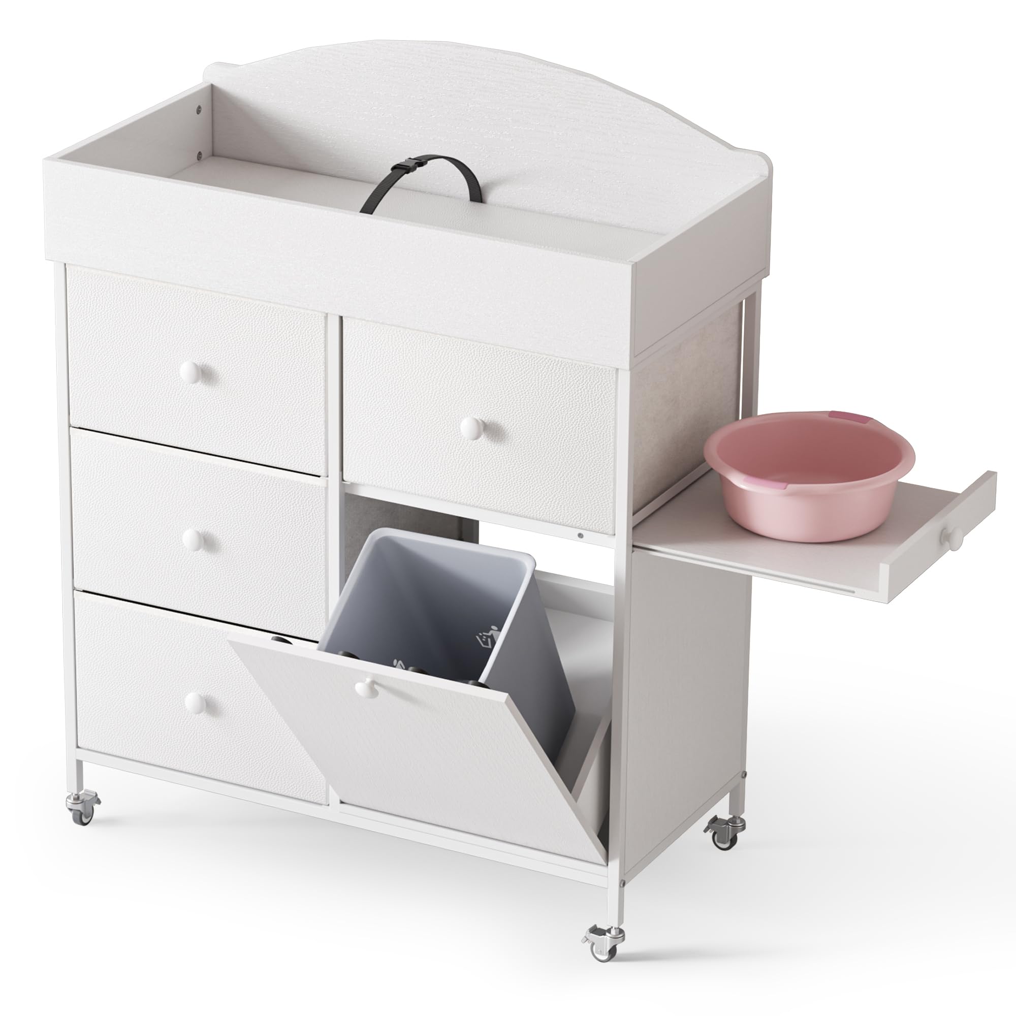 DTK Baby Dresser with Changing Table Top,4-Drawers Changing Table Dresser with Tile-Out Trash Cabinet and Pull-Out Shelf,Diaper Changing Station with