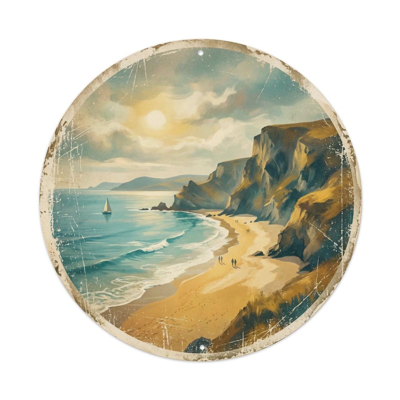 Vintage Travel Beach Portugal Golden Metal Tin Sign Plaque Wall Decor for Cafe, Club, Garden Round Metal Poster 8x8Inch