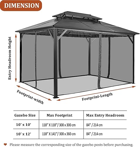 Miniatura 4 de Mosquitera de repuesto para kiosco de 10 x 10 x 7 pies 1 pulgadas, pared lateral universal de 4 paneles con cremallera, negro (solo mosquitera)