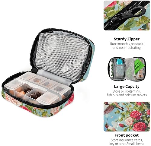 Miniatura 4 de Eyanle Pastillero de viaje semanal pequeño para el 4 de julio, diseño de rosas rojas y colibríes, pastillero de 7 días, organizador de botellas de