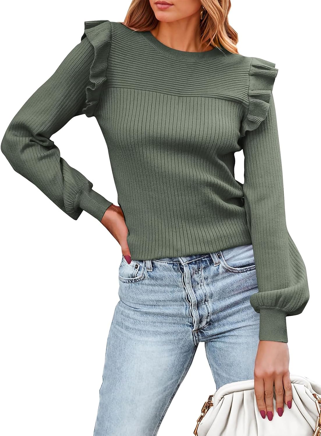PRETTYGARDEN Women's Ruffle Long Sleeve Sweaters Crew Neck Lightweight Sweater 2026 Fall Trendy Ribbed Knit Pullover Tops
