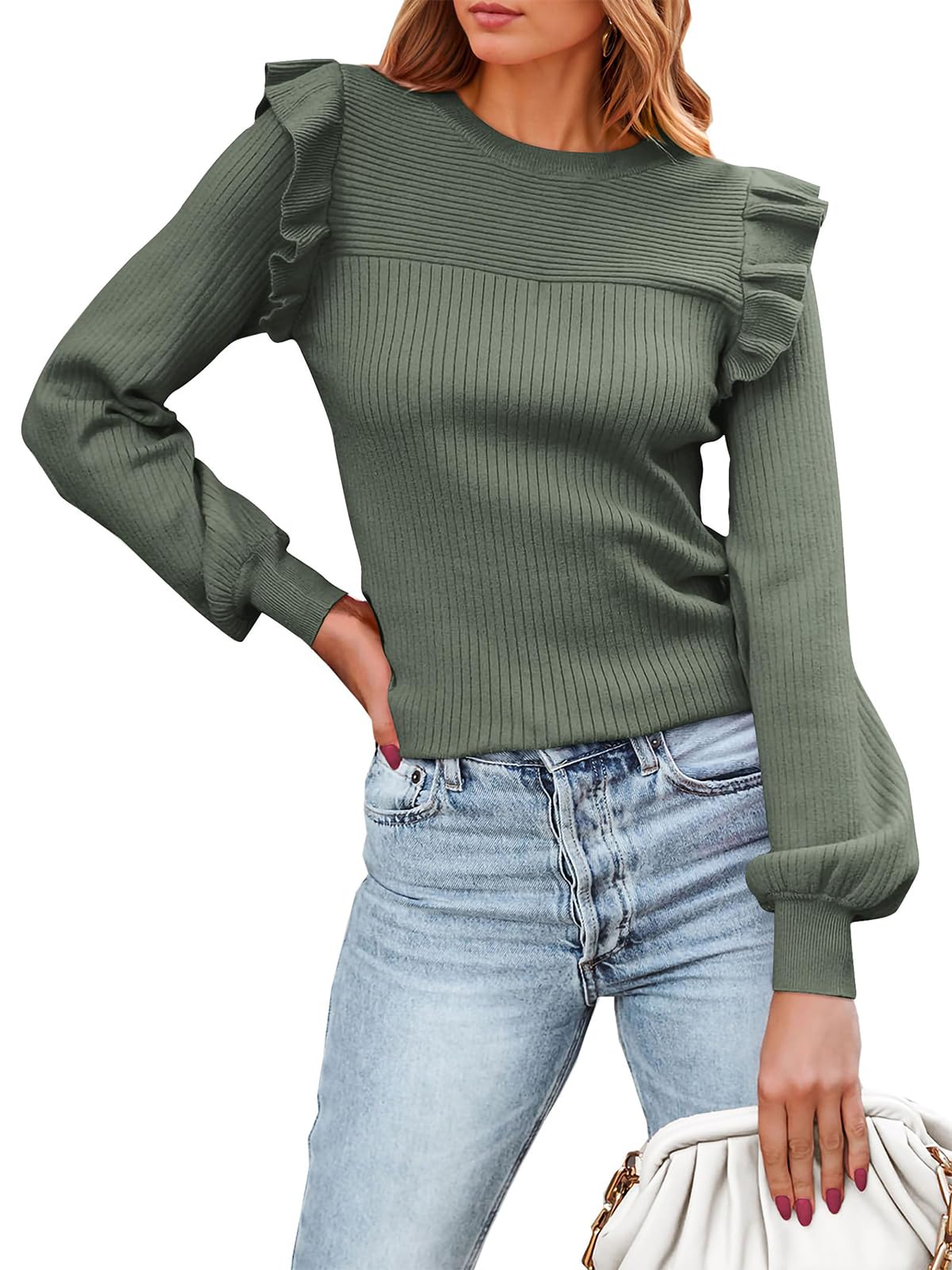 PRETTYGARDEN Women's Ruffle Long Sleeve Sweaters Crew Neck Lightweight Sweater 2026 Fall Trendy Ribbed Knit Pullover Tops